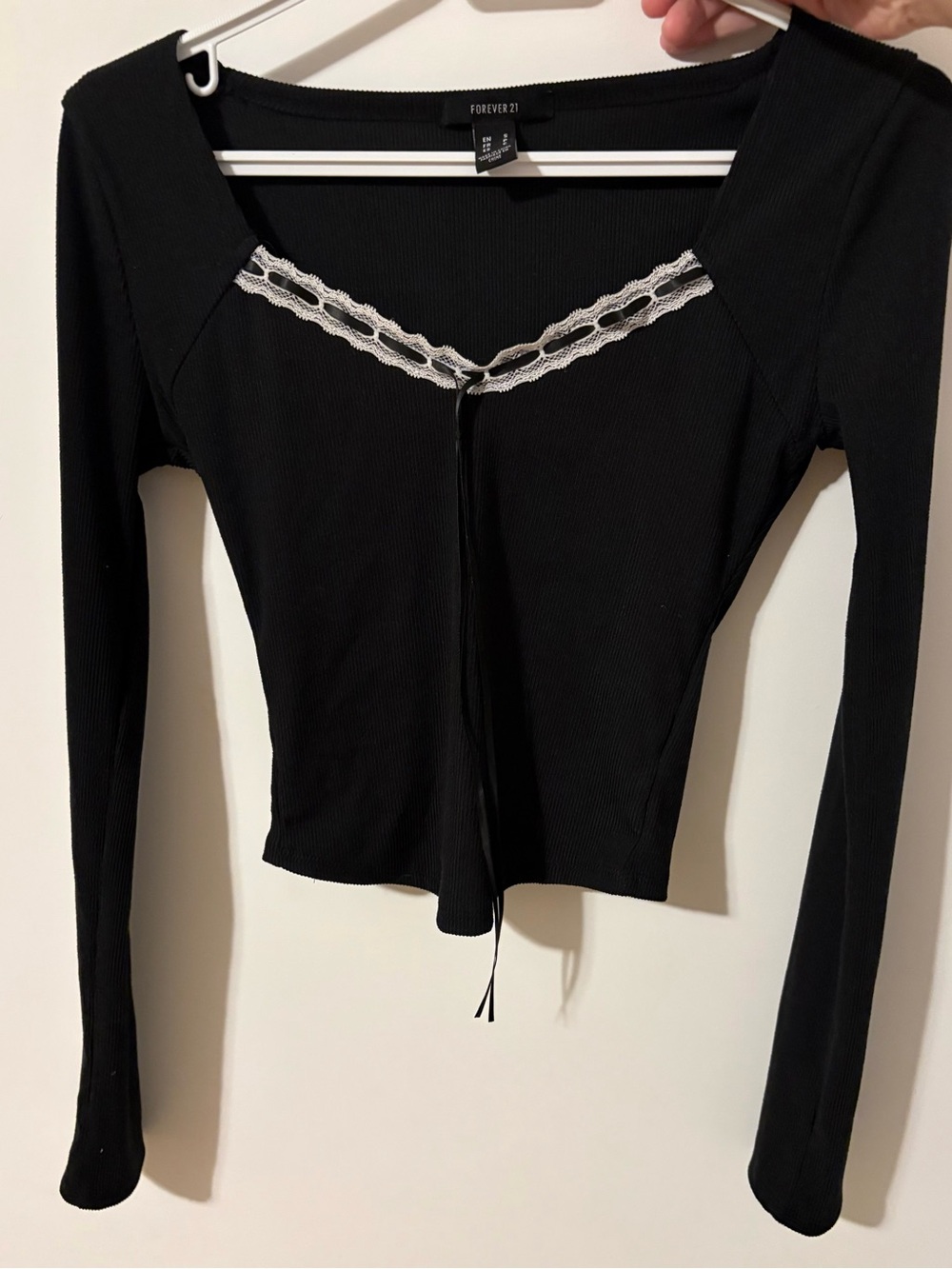 Forever 21 Black Long-Sleeve Ribbed Lace-Trim Tie Front Top